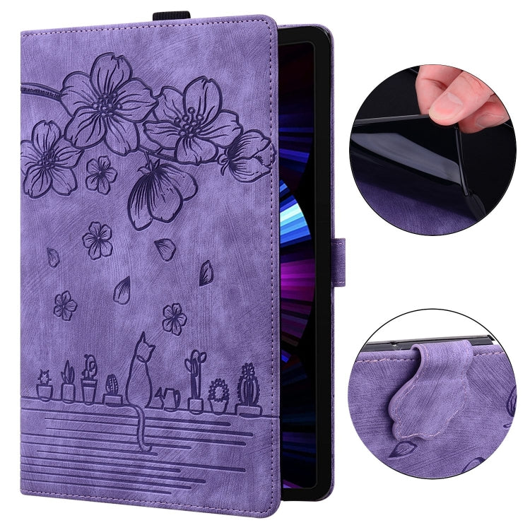 For Samsung Galaxy Tab S9 Ultra /S8 Ultra Cartoon Sakura Cat Embossed Leather Tablet Case(Purple) - Galaxy Tab S9 Ultra Cases by PMC Jewellery | Online Shopping South Africa | PMC Jewellery | Buy Now Pay Later Mobicred