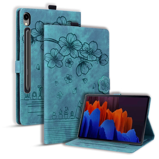 For Samsung Galaxy Tab S9 FE Cartoon Sakura Cat Embossed Leather Tablet Case(Green) - Galaxy Tab S9 FE by PMC Jewellery | Online Shopping South Africa | PMC Jewellery | Buy Now Pay Later Mobicred