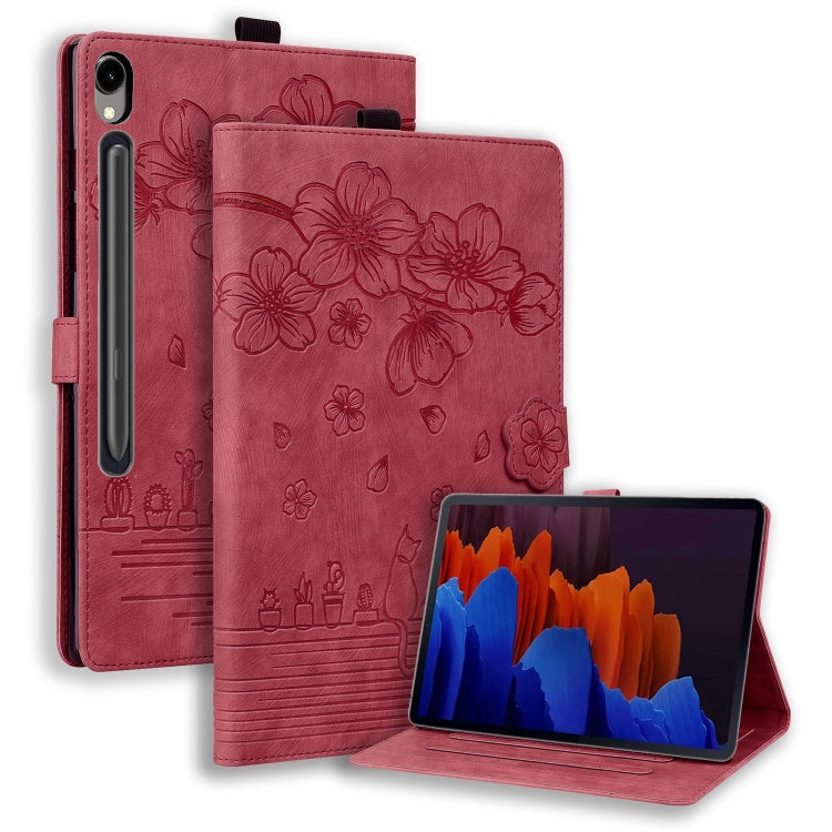 For Samsung Galaxy Tab S9 FE+ Cartoon Sakura Cat Embossed Leather Tablet Case(Red) - Galaxy Tab S9 FE+ by PMC Jewellery | Online Shopping South Africa | PMC Jewellery | Buy Now Pay Later Mobicred