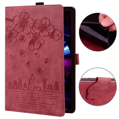 For Samsung Galaxy Tab S9 FE+ Cartoon Sakura Cat Embossed Leather Tablet Case(Red) - Galaxy Tab S9 FE+ by PMC Jewellery | Online Shopping South Africa | PMC Jewellery | Buy Now Pay Later Mobicred