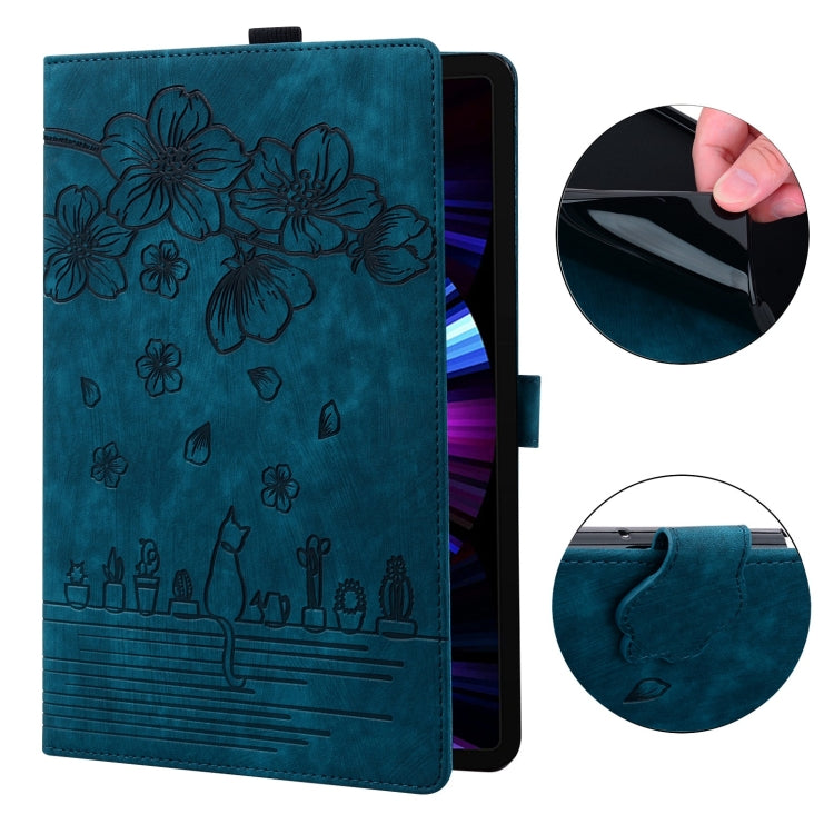 For Lenovo Tab P12 12.7 Cartoon Sakura Cat Embossed Leather Tablet Case(Blue) - Lenovo by PMC TechLife | Online Shopping South Africa | PMC TechLife | Buy Now Pay Later Mobicred