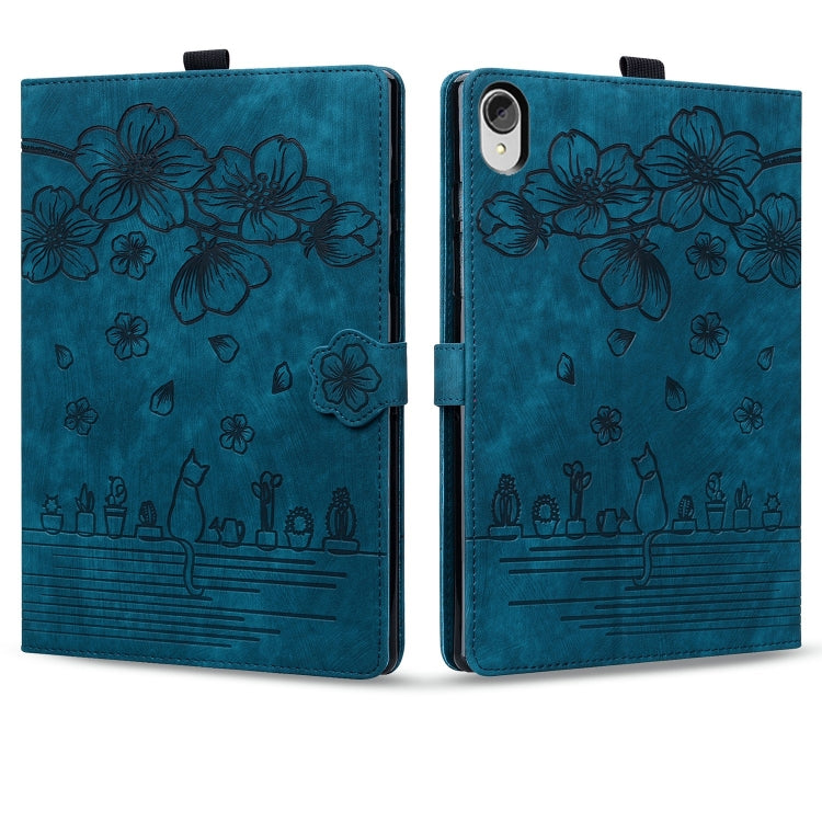 For Lenovo Tab P11 TB-J606F Cartoon Sakura Cat Embossed Leather Tablet Case(Blue) - Lenovo by PMC TechLife | Online Shopping South Africa | PMC TechLife | Buy Now Pay Later Mobicred