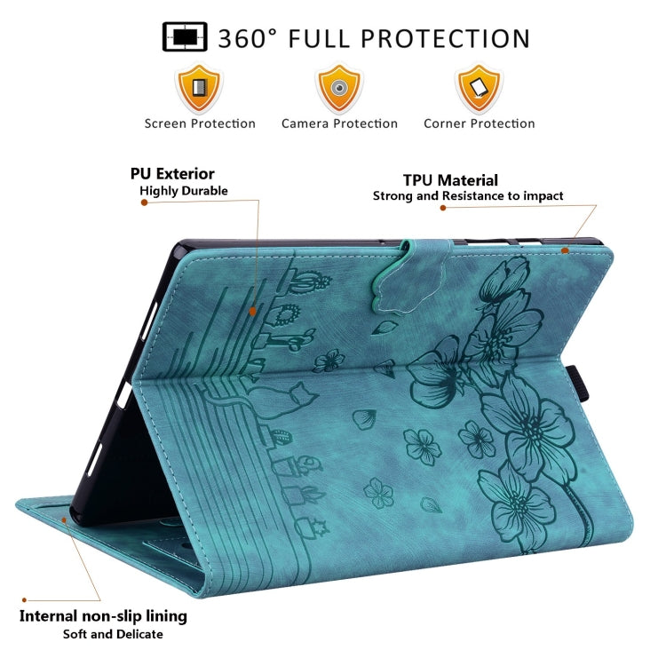 For Lenovo Tab M10 Plus 3rd Gen 2022 Cartoon Sakura Cat Embossed Leather Tablet Case(Green) - Lenovo by PMC TechLife | Online Shopping South Africa | PMC TechLife | Buy Now Pay Later Mobicred