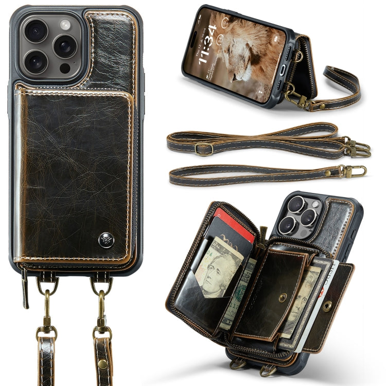 For iPhone 16 Pro Max JEEHOOD C22 Series Zipper Wallet Leather Phone Case with Dual Lanyard(Coffee) - iPhone 16 Pro Max Cases by JEEHOOD | Online Shopping South Africa | PMC Jewellery | Buy Now Pay Later Mobicred