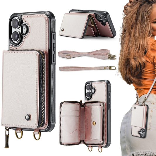 For iPhone 16 Plus JEEHOOD C22 Series Zipper Wallet Leather Phone Case with Dual Lanyard(Rose Gold) - iPhone 16 Plus Cases by JEEHOOD | Online Shopping South Africa | PMC Jewellery | Buy Now Pay Later Mobicred