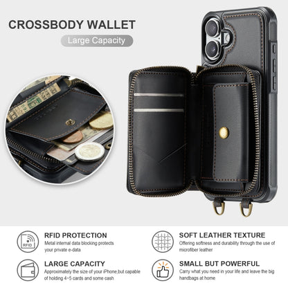 For iPhone 16 JEEHOOD C22 Series Zipper Wallet Leather Phone Case with Dual Lanyard(Black) - iPhone 16 Cases by JEEHOOD | Online Shopping South Africa | PMC Jewellery | Buy Now Pay Later Mobicred