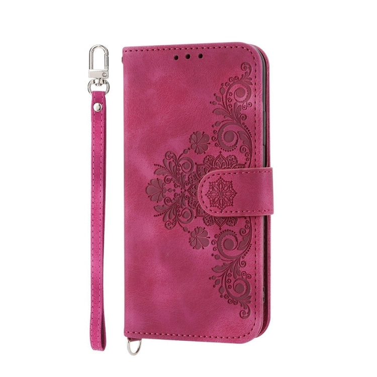 For iPhone 16e Skin-feel Flowers Embossed Wallet Leather Phone Case(Wine Red) - iPhone 16e Cases by PMC TechLife | Online Shopping South Africa | PMC TechLife | Buy Now Pay Later Mobicred