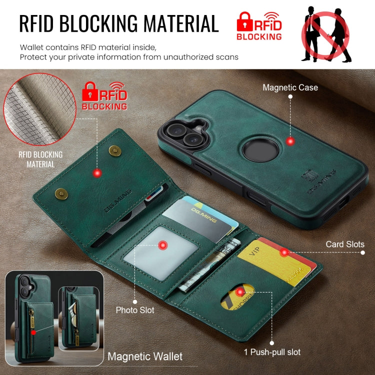 For iPhone 16 Plus DG.MING M5 Series Zip RFID Multi Card Detachable Leather Phone Case(Green) - iPhone 16 Plus Cases by DG.MING | Online Shopping South Africa | PMC Jewellery | Buy Now Pay Later Mobicred