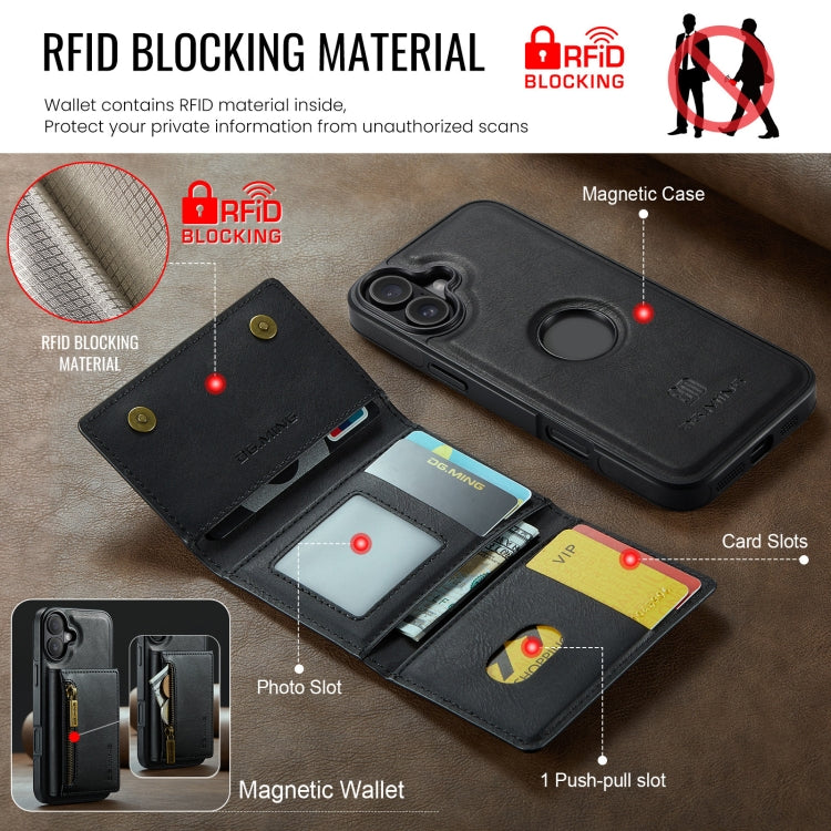 For iPhone 16 DG.MING M5 Series Zip RFID Multi Card Detachable Leather Phone Case(Black) - iPhone 16 Cases by DG.MING | Online Shopping South Africa | PMC Jewellery | Buy Now Pay Later Mobicred