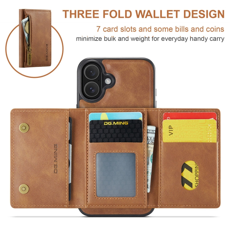 For iPhone 16 DG.MING M5 Series Zip RFID Multi Card Detachable Leather Phone Case(Brown) - iPhone 16 Cases by DG.MING | Online Shopping South Africa | PMC Jewellery | Buy Now Pay Later Mobicred