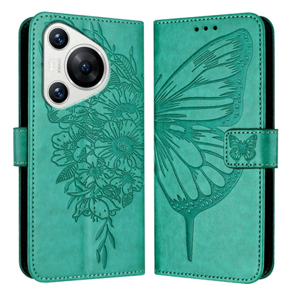 For Huawei Pura 70 Embossed Butterfly Leather Phone Case(Green) - Huawei Cases by PMC Jewellery | Online Shopping South Africa | PMC Jewellery | Buy Now Pay Later Mobicred