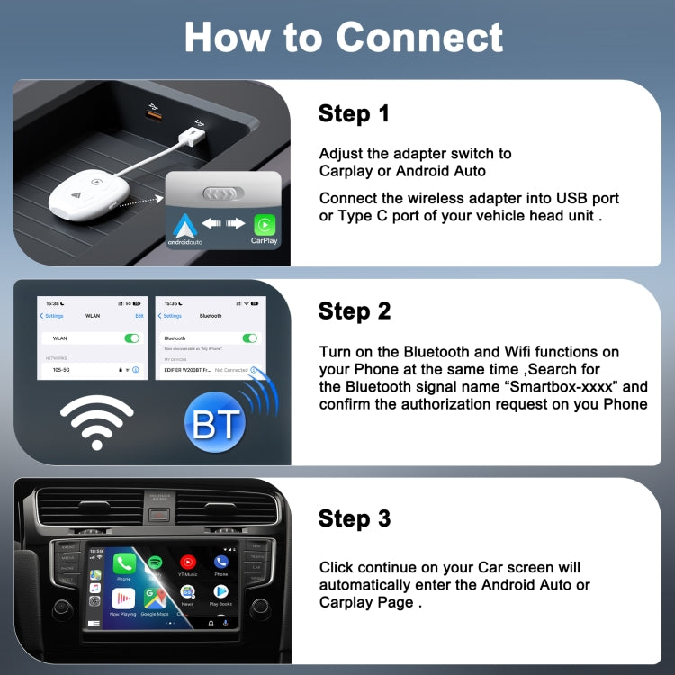 THT-020-9-1 USB + USB-C / Type-C Wired to Wireless Carplay / Android Auto Adapter(White) - free shipping - PMC TechLife - Order now!