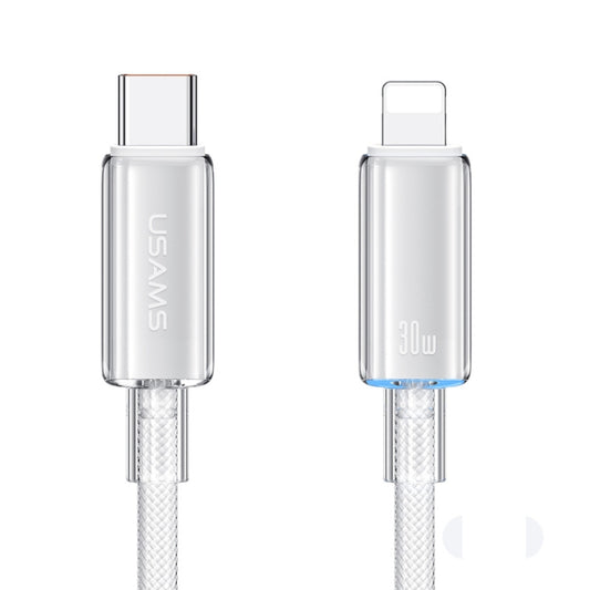 USAMS Type-C To 8 Pin Aluminum Alloy Clear LED 30W PD Fast Charge Data Cable, Length:1.2m(White) - 2 in 1 Cable by USAMS | Online Shopping South Africa | PMC Jewellery | Buy Now Pay Later Mobicred