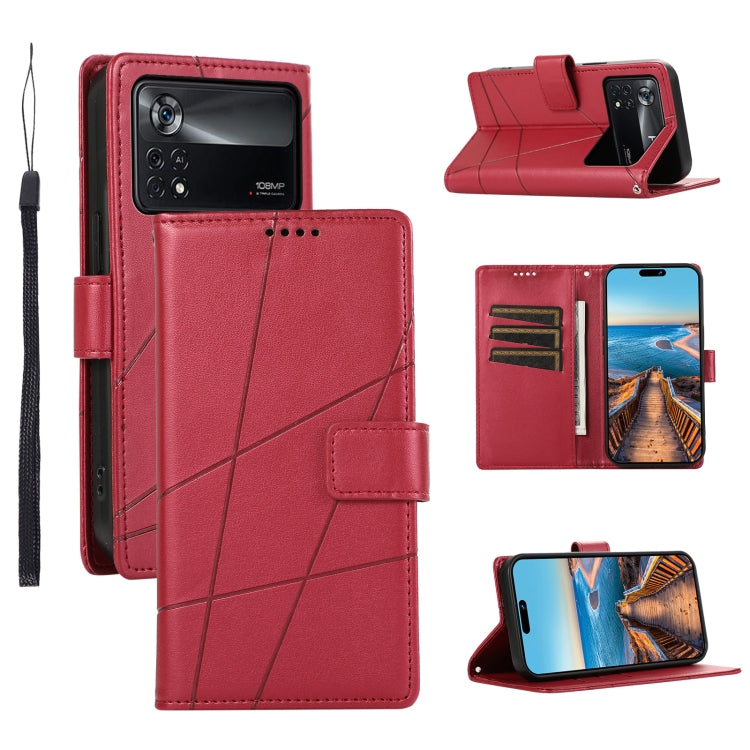 For Xiaomi Poco X4 Pro 5G PU Genuine Leather Texture Embossed Line Phone Case(Red) - Xiaomi Cases by PMC Jewellery | Online Shopping South Africa | PMC Jewellery | Buy Now Pay Later Mobicred