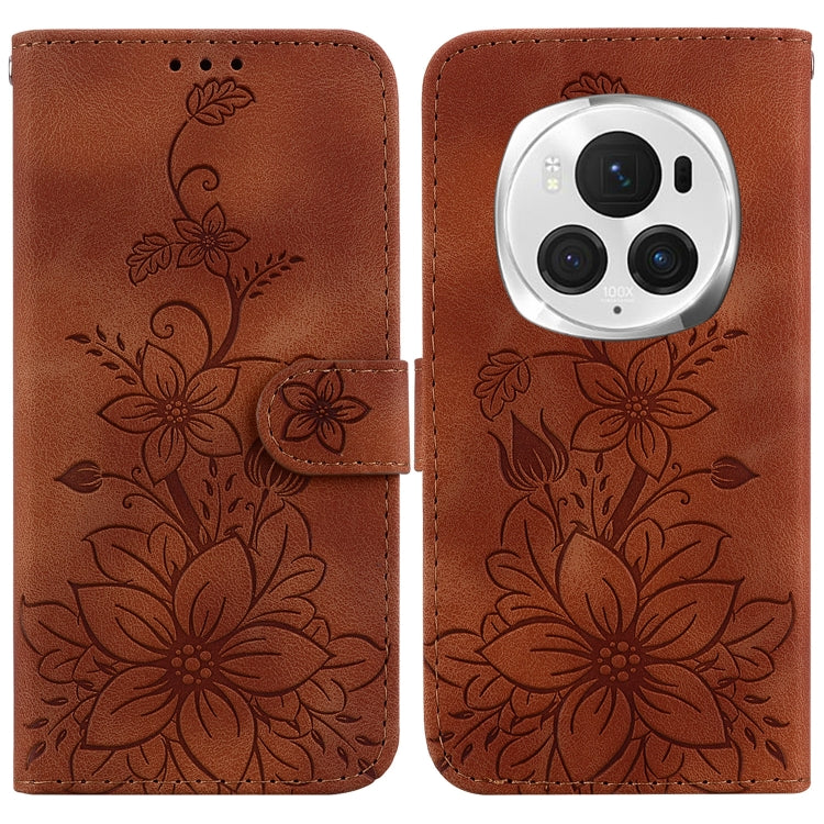 For Honor Magic6 Pro Lily Embossed Leather Phone Case(Brown) - Honor Cases by PMC Jewellery | Online Shopping South Africa | PMC Jewellery | Buy Now Pay Later Mobicred