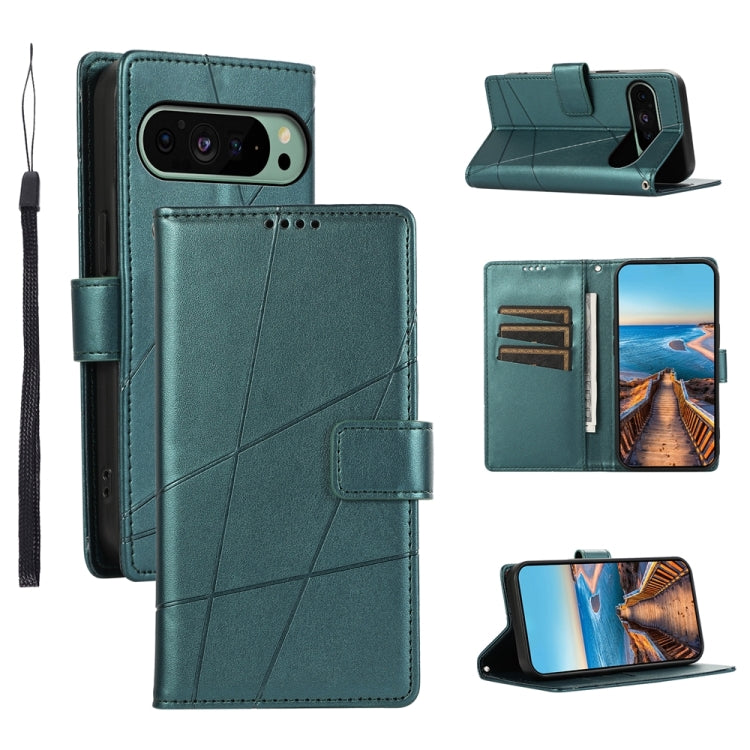 For Google Pixel 9 PU Genuine Leather Texture Embossed Line Phone Case(Green) - Google Cases by PMC Jewellery | Online Shopping South Africa | PMC Jewellery | Buy Now Pay Later Mobicred