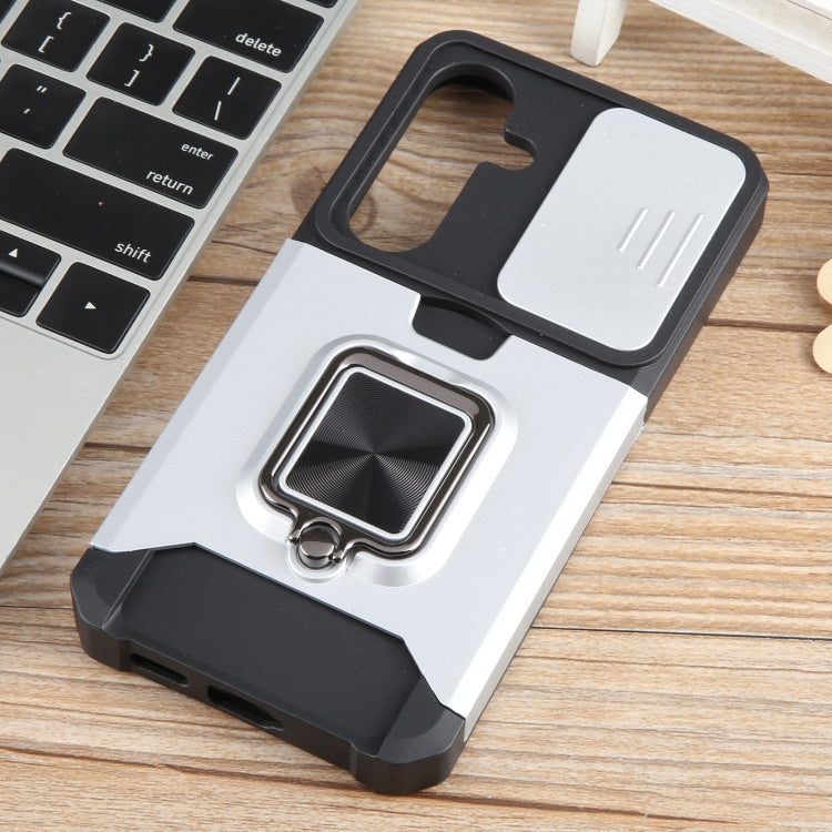 For Samsung Galaxy S24 5G Camera Shield Card Slot PC+TPU Phone Case(Silver) - Galaxy S24 5G Cases by PMC TechLife | Online Shopping South Africa | PMC TechLife