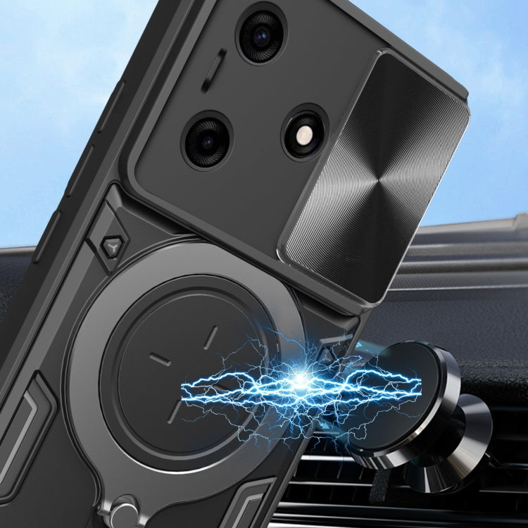 For Tecno Spark 10 / Spark 10C CD Texture Sliding Camshield Magnetic Holder Phone Case(Black) - Tecno Cases by PMC TechLife | Online Shopping South Africa | PMC TechLife