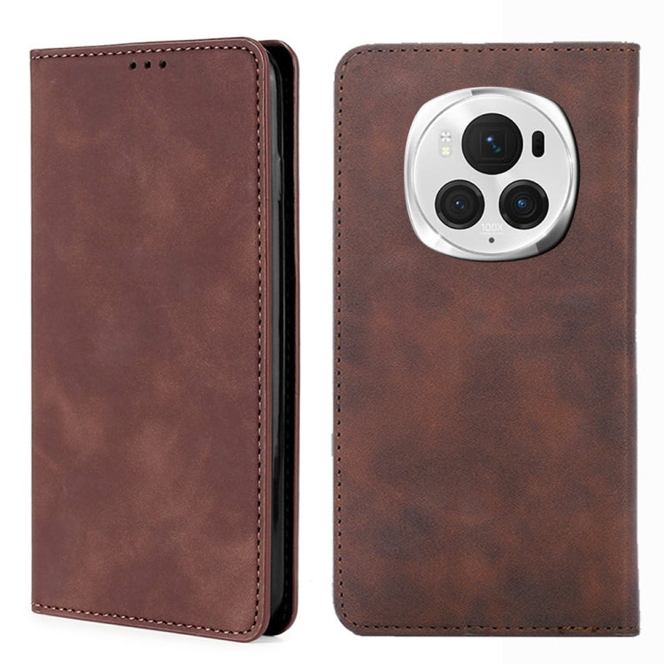 For Honor Magic6 Pro Skin Feel Magnetic Leather Phone Case(Dark Brown) - Honor Cases by PMC Jewellery | Online Shopping South Africa | PMC Jewellery | Buy Now Pay Later Mobicred