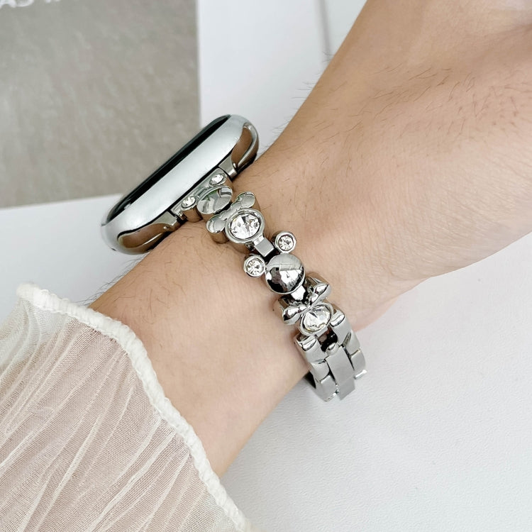 For Apple Watch Series 4 44mm Metal Diamond Bear Chain Watch Band(Silver) - Watch Bands by PMC TechLife | Online Shopping South Africa | PMC TechLife