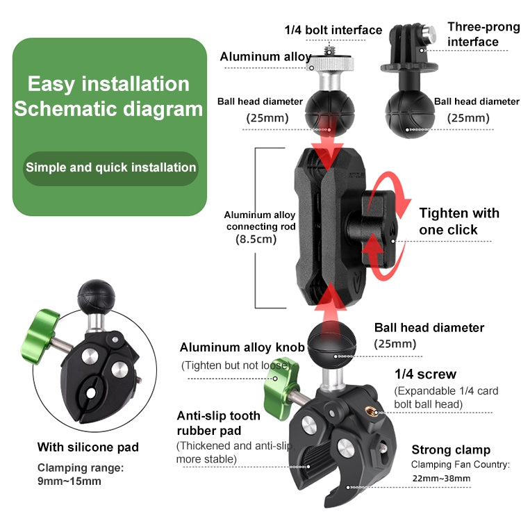 RUIGPRO Crab Clamp Action Camera Bracket 3-claw Ball Head Mount - Holder by RUIGPRO | Online Shopping South Africa | PMC Jewellery | Buy Now Pay Later Mobicred