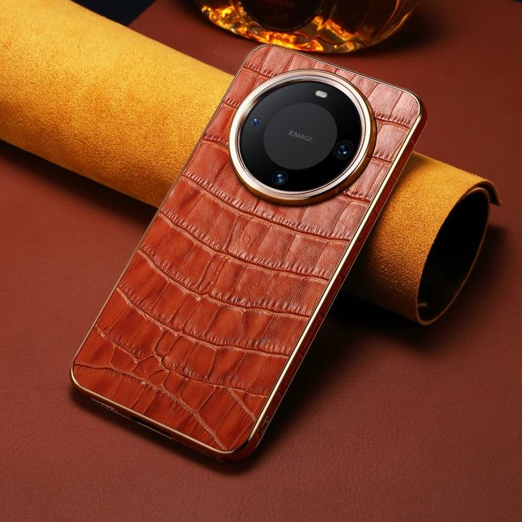 For Huawei Mate 60 Pro / Pro+ Denior Crocodile Texture Genuine Leather Electroplating Phone Case(Mocha Brown) - Huawei Cases by Denior | Online Shopping South Africa | PMC TechLife | Buy Now Pay Later Mobicred