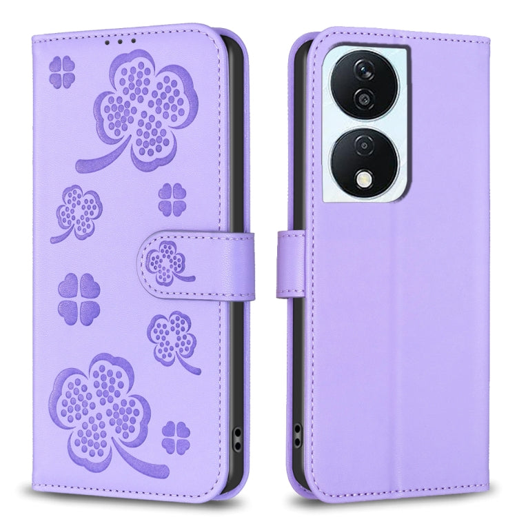 For Honor X7b Four-leaf Embossed Leather Phone Case(Purple) - Honor Cases by PMC Jewellery | Online Shopping South Africa | PMC Jewellery