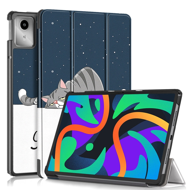 For Lenovo Tab M11/ Xiaoxin Pad 11 2024 Custer Painted 3-Fold Holder Leather Smart Tablet Case(Lazy Cat) - free shipping - PMC Jewellery - Order now!