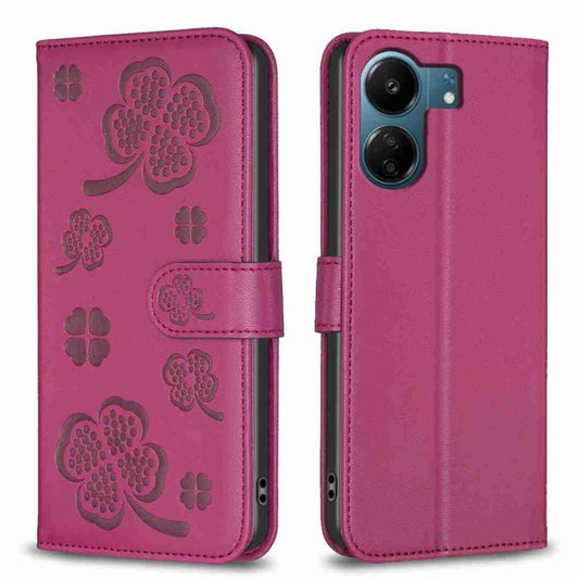 For Xiaomi Redmi 13C Four-leaf Embossed Leather Phone Case(Rose Red) - 13C Cases by PMC Jewellery | Online Shopping South Africa | PMC Jewellery | Buy Now Pay Later Mobicred