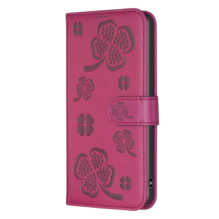 For Xiaomi Redmi A3 Four-leaf Embossed Leather Phone Case(Rose Red) - Xiaomi Cases by PMC TechLife | Online Shopping South Africa | PMC TechLife | Buy Now Pay Later Mobicred
