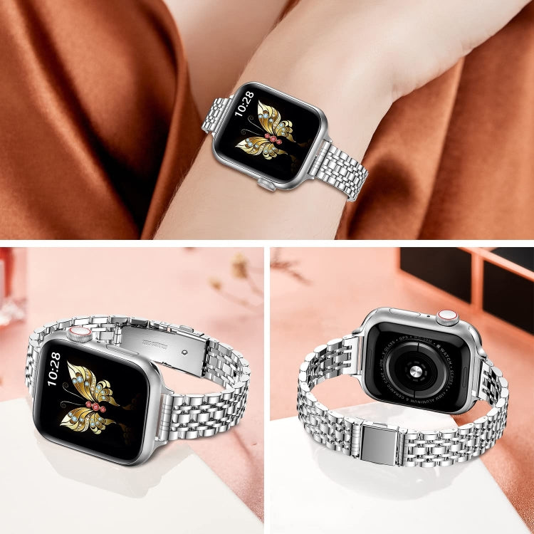 For Apple Watch SE 2023 40mm Slim Seven Bead Slingshot Buckle Metal Watch Band(Silver) - Watch Bands by PMC Jewellery | Online Shopping South Africa | PMC Jewellery