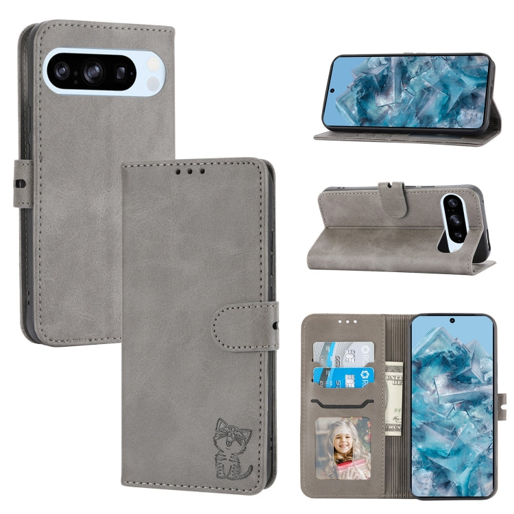 For Google Pixel 9 Pro Embossed Happy Cat Pattern Flip Leather Phone Case(Grey) - Google Cases by PMC Jewellery | Online Shopping South Africa | PMC Jewellery | Buy Now Pay Later Mobicred