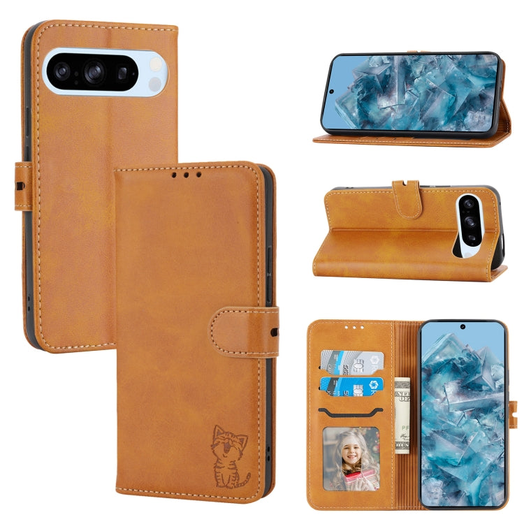 For Google Pixel 9 Embossed Happy Cat Pattern Flip Leather Phone Case(Yellow) - Google Cases by PMC TechLife | Online Shopping South Africa | PMC TechLife | Buy Now Pay Later Mobicred