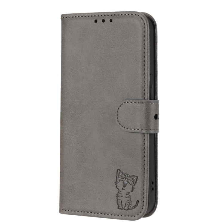 For Google Pixel 9 Embossed Happy Cat Pattern Flip Leather Phone Case(Grey) - Google Cases by PMC Jewellery | Online Shopping South Africa | PMC Jewellery | Buy Now Pay Later Mobicred