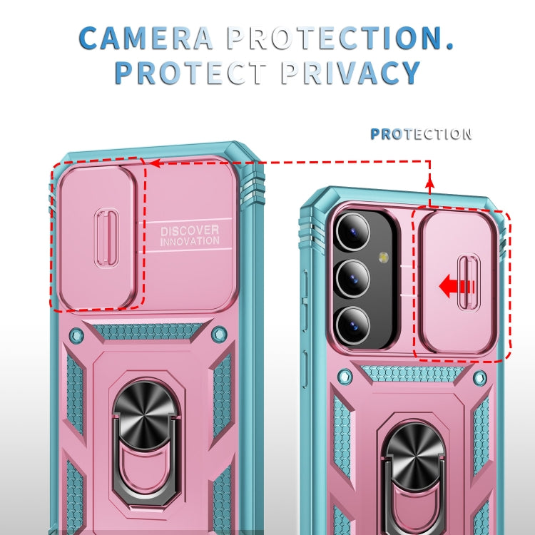 For Samsung Galaxy S24 5G Sliding Camshield TPU + PC Phone Case with Holder(Pink+Green) - Galaxy S24 5G Cases by PMC TechLife | Online Shopping South Africa | PMC TechLife