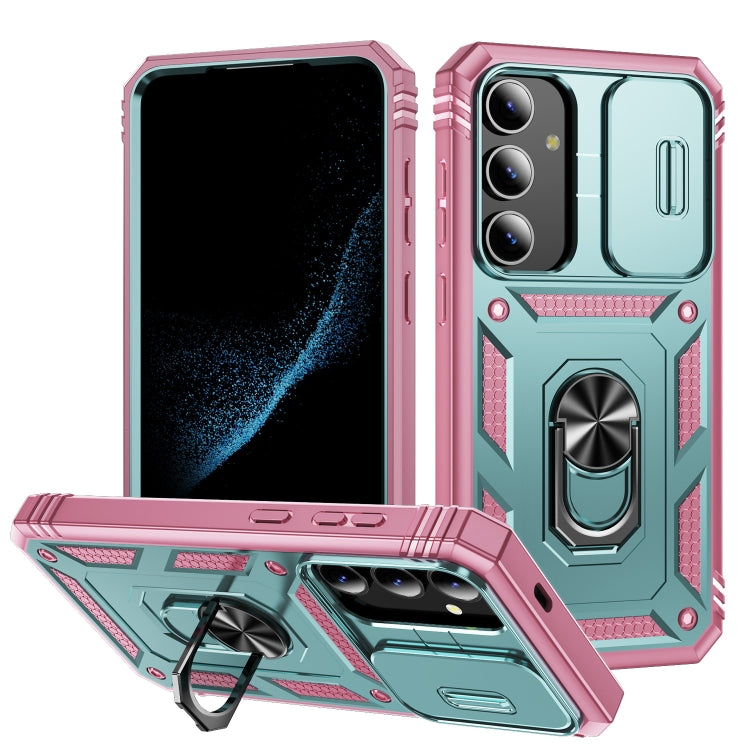 For Samsung Galaxy S24 5G Sliding Camshield TPU + PC Phone Case with Holder(Green+Pink) - Galaxy S24 5G Cases by PMC Jewellery | Online Shopping South Africa | PMC Jewellery