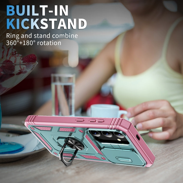 For Samsung Galaxy S24 5G Sliding Camshield TPU + PC Phone Case with Holder(Green+Pink) - Galaxy S24 5G Cases by PMC TechLife | Online Shopping South Africa | PMC TechLife