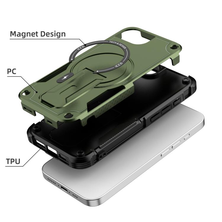 For iPhone 16e Armor Magsafe Holder PC Hybrid TPU Phone Case(Army Green) - iPhone 16e Cases by PMC TechLife | Online Shopping South Africa | PMC TechLife | Buy Now Pay Later Mobicred