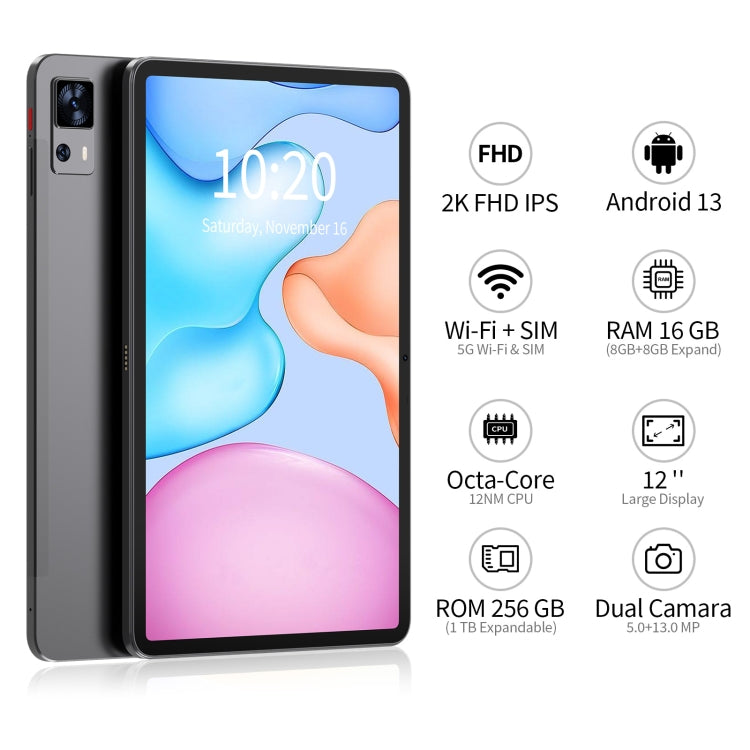 VASOUN M70 4G LTE Tablet, 16GB+256GB, 12 inch, Android 13 UNISOC T616 Octa Core CPU, Global Version with Google Play, US Plug(Grey) - Other by VASOUN | Online Shopping South Africa | PMC Jewellery | Buy Now Pay Later Mobicred