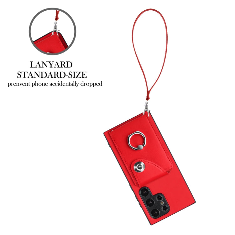 For Samsung Galaxy S24 Ultra 5G Organ Card Bag Ring Holder PU Phone Case with Lanyard(Red) - Galaxy S24 Ultra 5G Cases by PMC Jewellery | Online Shopping South Africa | PMC Jewellery