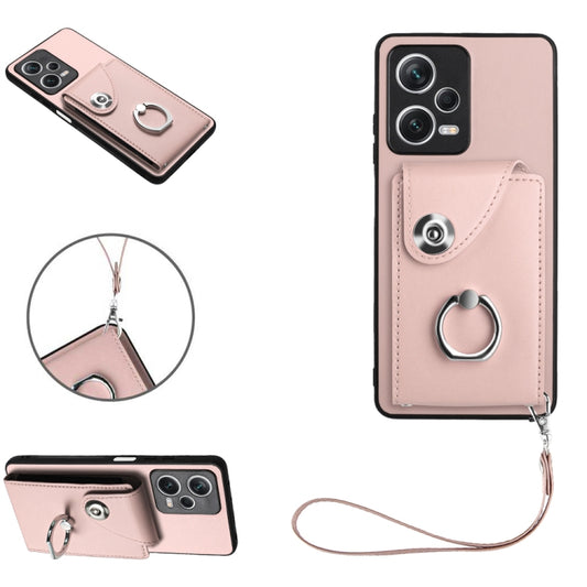 For Xiaomi Poco X5/Redmi Note 12 5G Global Organ Card Bag Ring Holder PU Phone Case with Lanyard(Pink) - Xiaomi Cases by PMC Jewellery | Online Shopping South Africa | PMC Jewellery | Buy Now Pay Later Mobicred