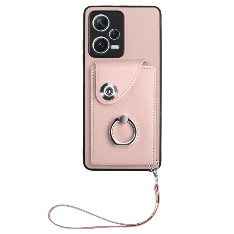 For Xiaomi Poco X5/Redmi Note 12 5G Global Organ Card Bag Ring Holder PU Phone Case with Lanyard(Pink) - Xiaomi Cases by PMC Jewellery | Online Shopping South Africa | PMC Jewellery | Buy Now Pay Later Mobicred