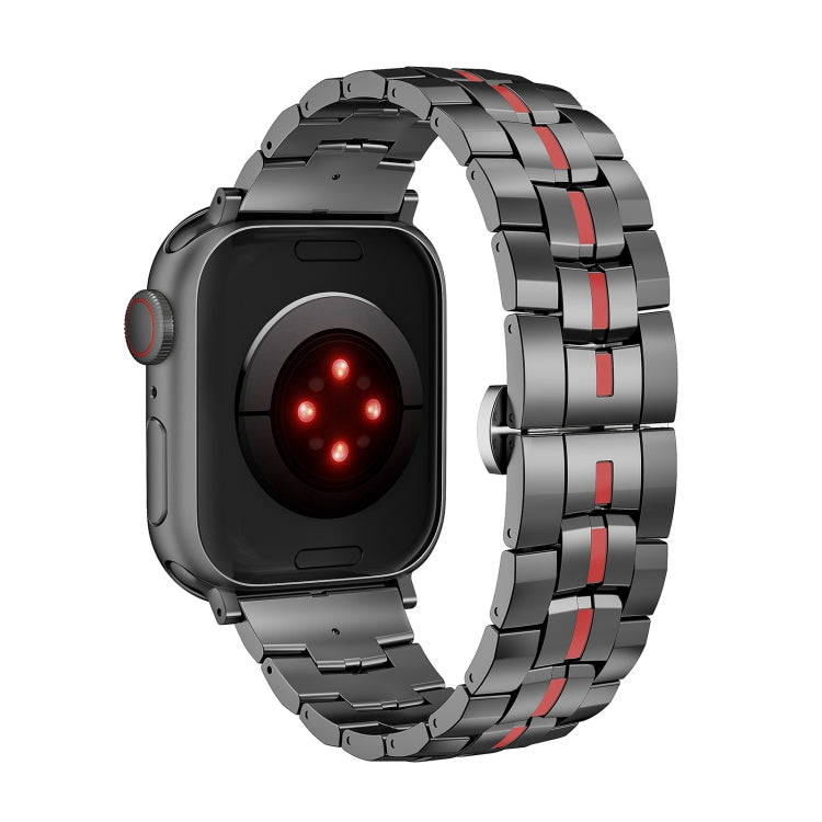 For Apple Watch Series 7 45mm Butterfly Buckle 5-Beads Metal Watch Band(Black Red) - Watch Bands by PMC Jewellery | Online Shopping South Africa | PMC Jewellery