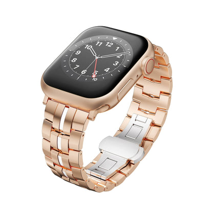 For Apple Watch Series 6 44mm Butterfly Buckle 5-Beads Metal Watch Band(Rose Gold White) - Watch Bands by PMC Jewellery | Online Shopping South Africa | PMC Jewellery