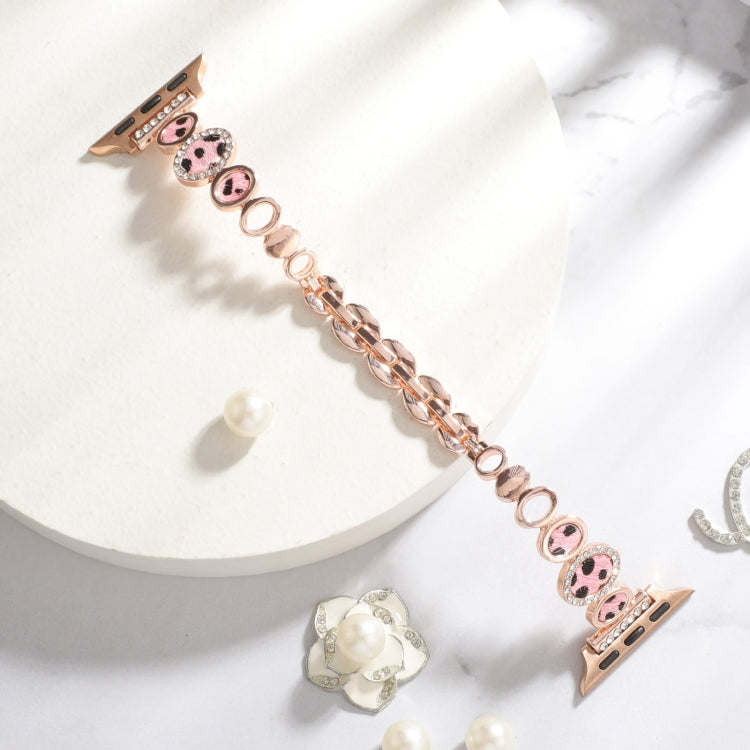 For Apple Watch Series 4 44mm Leopard Rhinestones Metal Chain Watch Band(Rose Gold) - Watch Bands by PMC Jewellery | Online Shopping South Africa | PMC Jewellery