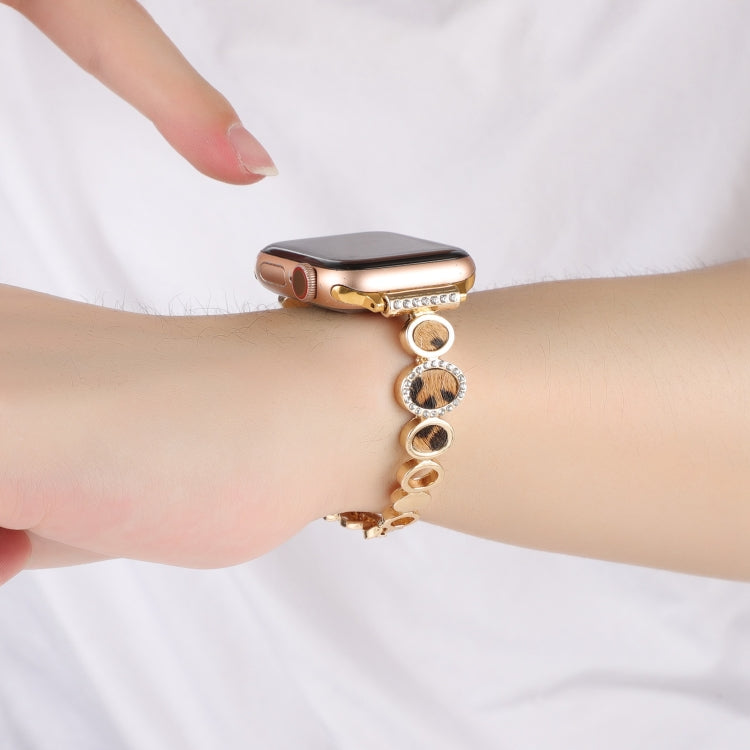 For Apple Watch 38mm Leopard Rhinestones Metal Chain Watch Band(Gold) - Watch Bands by PMC TechLife | Online Shopping South Africa | PMC TechLife