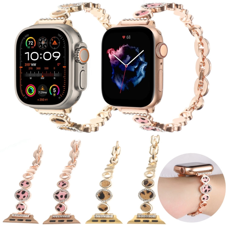 For Apple Watch Series 9 41mm Leopard Rhinestones Metal Chain Watch Band(Rose Gold) - Watch Bands by PMC Jewellery | Online Shopping South Africa | PMC Jewellery