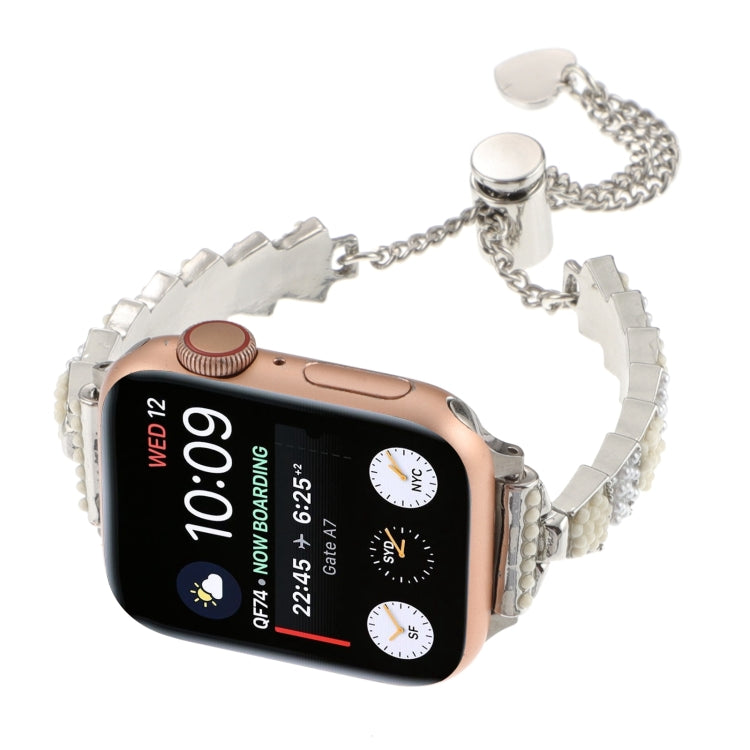 For Apple Watch Series 9 45mm Shell Beads Chain Bracelet Metal Watch Band(Beige White Silver) - Watch Bands by PMC Jewellery | Online Shopping South Africa | PMC Jewellery