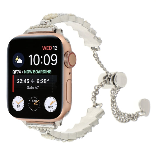 For Apple Watch SE 2022 40mm Shell Beads Chain Bracelet Metal Watch Band(Beige White Silver) - Watch Bands by PMC Jewellery | Online Shopping South Africa | PMC Jewellery