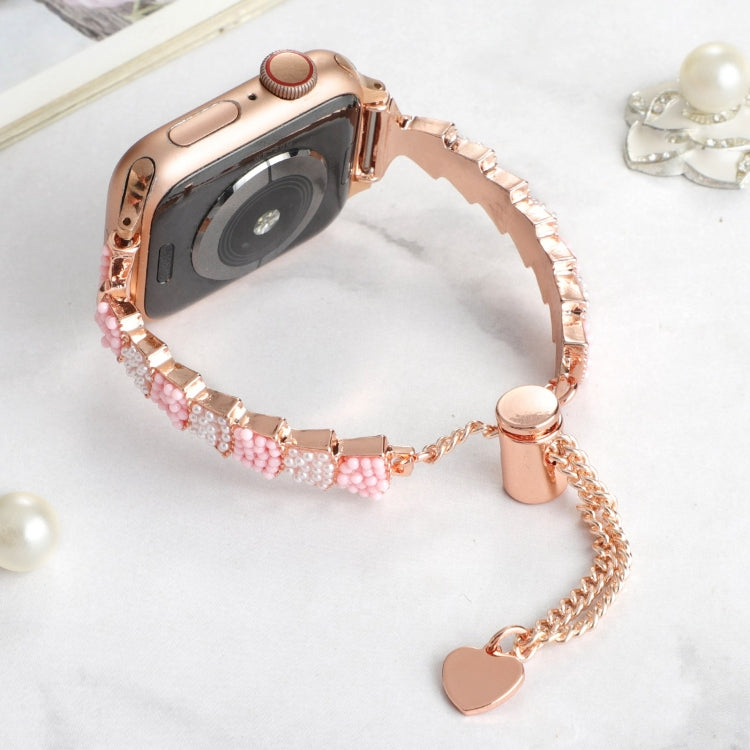 For Apple Watch Series 4 44mm Shell Beads Chain Bracelet Metal Watch Band(Pink White Rose Gold) - Watch Bands by PMC Jewellery | Online Shopping South Africa | PMC Jewellery